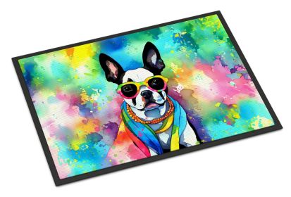 Boston Terrier Hippie Dawg Doormat Front Door Mat Indoor Outdoor Rugs for Entryway, Non Slip Washable Low Pile, 24H X 36W