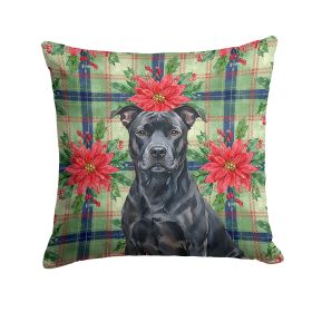 Black American Staffordshire Terrier Christmas PoinsettIas Throw Pillow Decorative Indoor Outdoor Accent Cushion for Couch, Bed or Patio, 14Hx14W