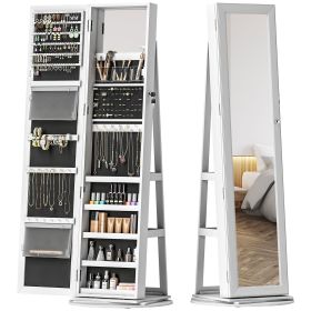 360Â° Swivel Jewelry Armoire, Lockable Jewelry Cabinet with Full-Length Mirror, Storage Shelves, White