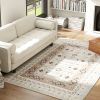 Machine Washable Area Rug 5x7, Non-Slip Boho Flannel Print Floor Carpet for Living Room, Bedroom, Dining Room, Brown