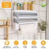 Kitchen Roll Dispenser Paper Roll Holder Plastic Wrap Film Foil Paper Organizer W/ Cutter Wall Mounted For Kitchen Bathroom
