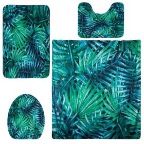 4Pcs Green Leaves Shower Curtain Set with Shower Curtain and 12 Hooks Non-Slip Rug Toilet Lid Cover U Shape Mat (Option: etg(B046)