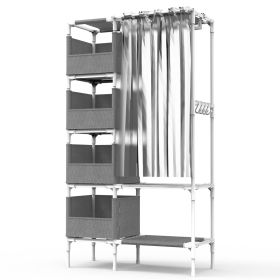 Portable Closet Wardrobe Clothes Storage Cabinet Organizer Garment Hanging Rack Shelves with 4 Storage Bags 1 Shelf 1 Hanging Rod 4 Hooks (Option: Ggrey)