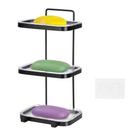 Soap Dish Soap Bar Holder Square Soap Rack Wall Mounted S Bar Shower Bathroom Self with 2 Hooks Clear Trays (Option: 3Tierg)
