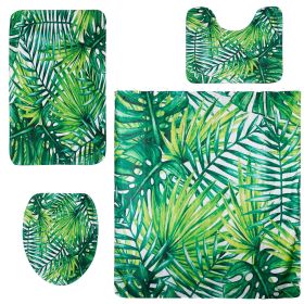 4Pcs Green Leaves Shower Curtain Set with Shower Curtain and 12 Hooks Non-Slip Rug Toilet Lid Cover U Shape Mat (Option: etg(B048)
